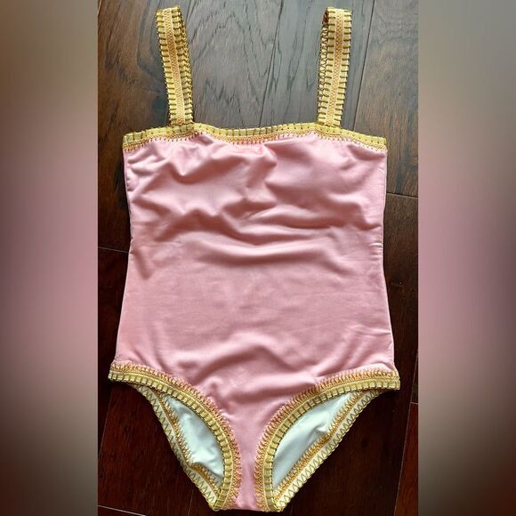 Platinum Swimwear Pink Sands Gold Crochet Trim One Piece Swimsuit Size S NWT - Picture 2 of 9